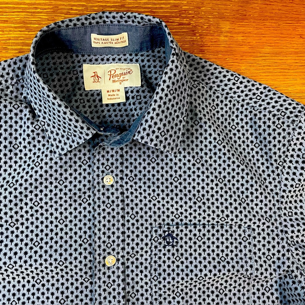Original Penguin Shirt Men's M Grey Palm Tree Heritage Slim Fit Preppy Resort